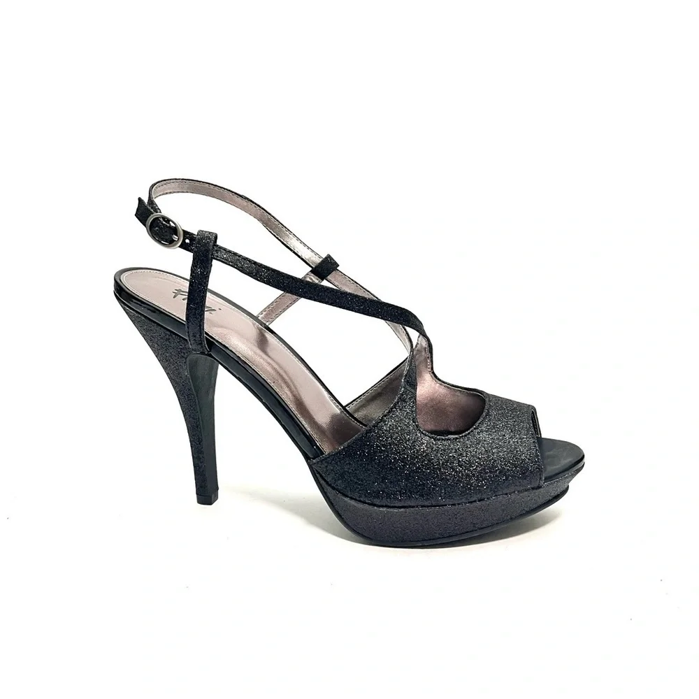 Vintage Y2K deadstock black glitter vegan leather strappy platform formal heels